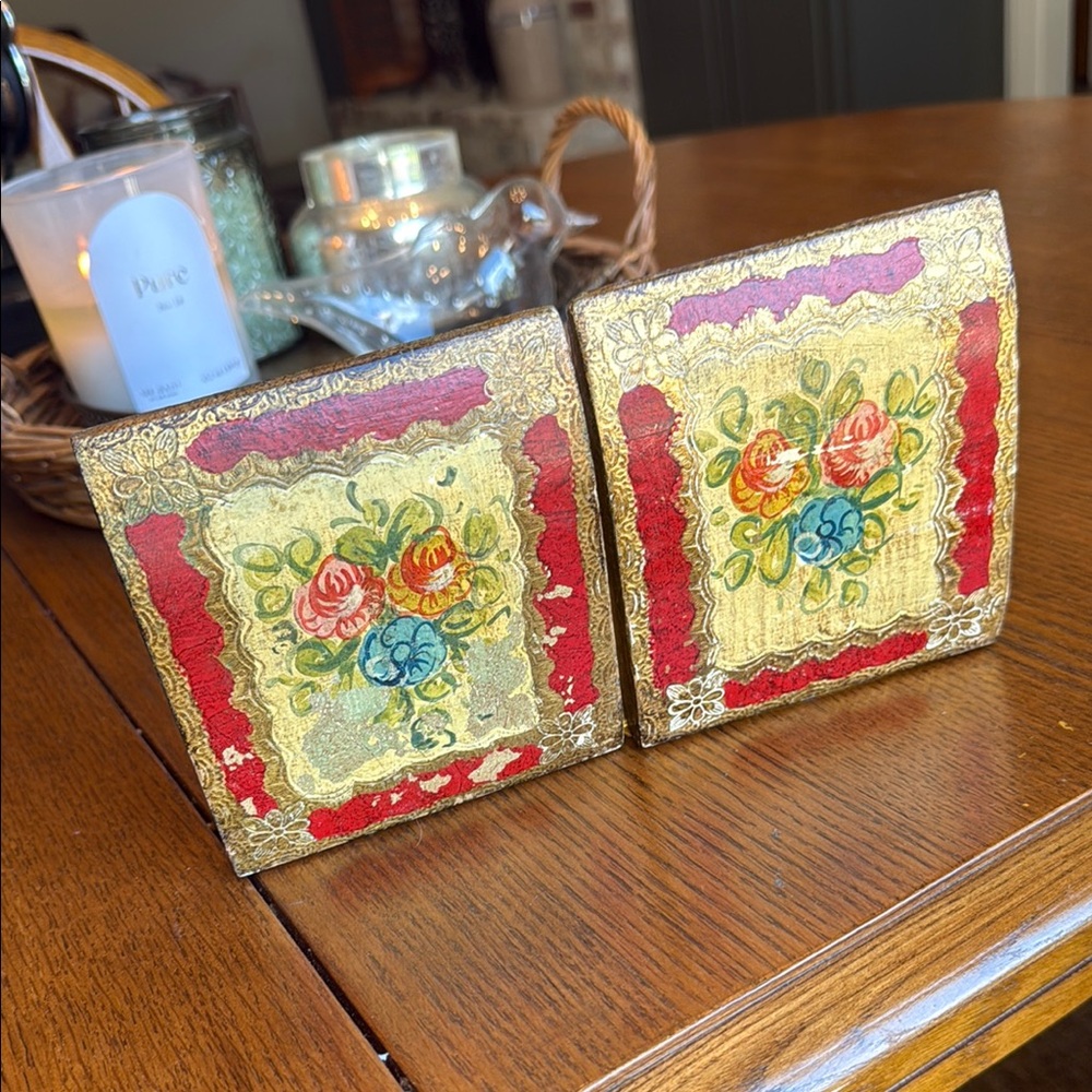 Antique Florentina Bookends Made in Italy Floral Gold and Red Book